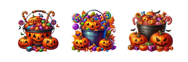 Set of Halloween Candy Bucket with pumpkins and Treats illustration, Halloween special, Halloween-themed, isolated over on transparent white background