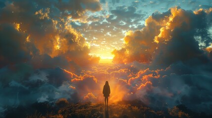 Fototapeta premium Solitary Figure Gazing at Golden Sunset Over Cloudscape