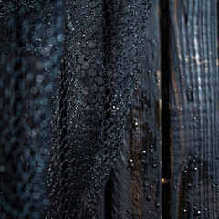 A black fishing net hangs on a wooden wall, glistening with water droplets, evoking a sense of a recent catch and coastal life.