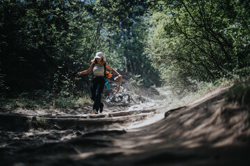 Fototapeta premium A woman enjoying a sunny day hike in the forest, carrying a backpack and holding a trekking pole. Concept of outdoor adventure, healthy lifestyle, and exploration.