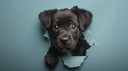 Adorable black puppy looking through a torn paper wall, pastel background, ultra realistic photographic style, generous text space.