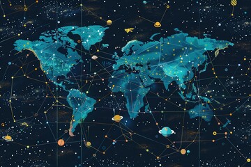 seamless pattern flat illustration style, world map Space view of planet Earth covered with digital connections among artificial satellites transmitting data world map