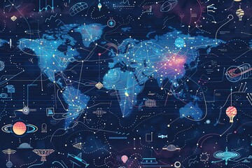 seamless pattern flat illustration style, world map Space view of planet Earth covered with digital connections among artificial satellites transmitting data world map