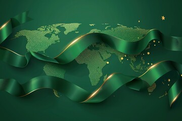 seamless pattern flat illustration style, world map modern conceptual 3d gold curved green ribbon on bright green background with lighting effect and sparkle with copy space for text