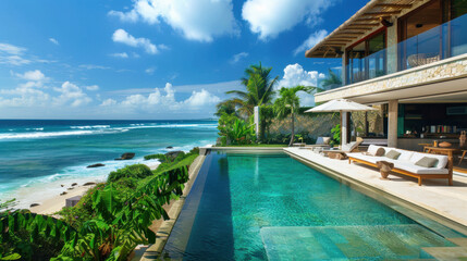 Fototapeta premium A beachfront villa with an infinity pool, overlooking the ocean and surrounded by tropical plants