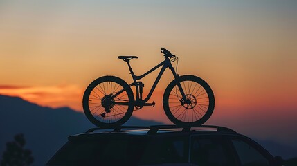Fototapeta premium A silhouette of a mountain bike mounted on the roof of an automobile very detailed and realistic shape