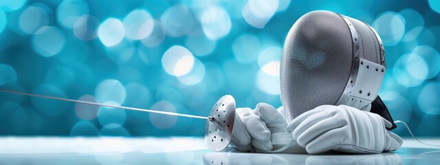 Fencing mask, gloves, and foil on a reflective surface with a bokeh blue background. Copy space available. Fencing and sports gear concept.