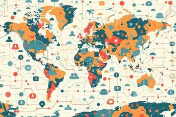 seamless pattern flat illustration style, world map Global business network, innovative technology and social network concept. Business strategy analysis and data exchange, customer connection, 