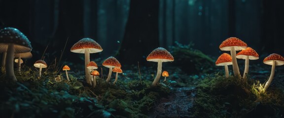 A cluster of vibrant red mushrooms glow in the dark forest, surrounded by lush green foliage