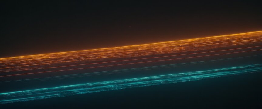 A photograph taken from space showcasing city lights on Earth and a layer of airglow in the atmosphere - Powered by Adobe
