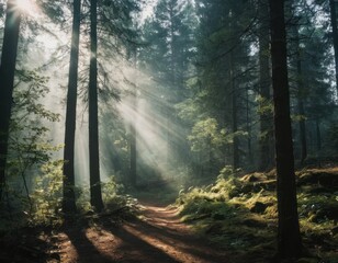Obraz premium Sunbeams pierce through the thick canopy of a misty forest, illuminating a path that winds through towering trees