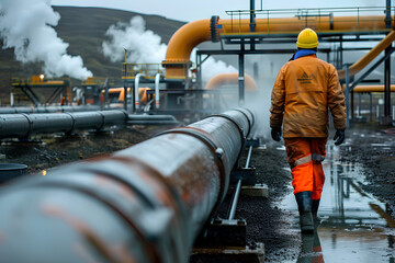 A worker walks past large pipes carrying hot water from a geothermal power plant in Iceland