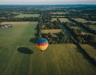 Obraz premium A hot air balloon floats over a vast, green field, casting a shadow as it descends towards the horizon