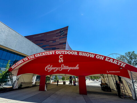 Calgary, Alberta - May 14, 2024: Entrance signage on Calgary's Stampede grounds
