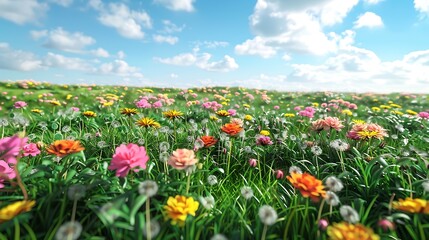 A sunny day with a grassland full of spring roses both pink and orange yellow dandelions very detailed and realistic shape