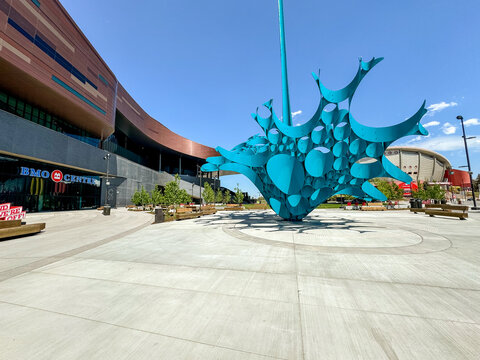 Calgary, Alberta - May 14, 2024: "The Spirt of Water" 2024, public art installation by Gerry Judah outside of the BMO Conference Centre on Calgary's Stampede grounds
