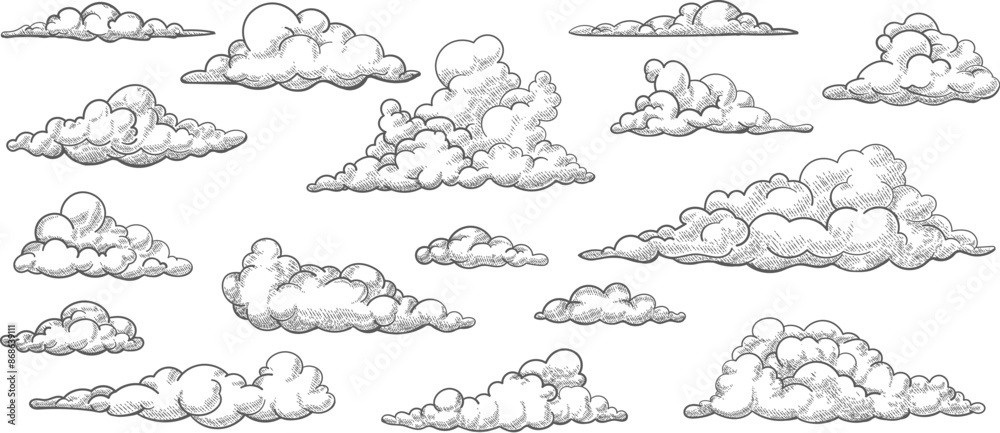 Wall mural hand drawn monochrome cartoon clouds