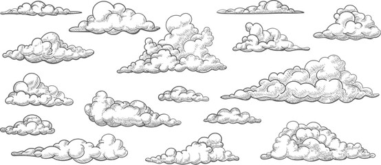 Hand drawn monochrome cartoon clouds