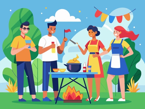 A group of friends having a barbecue with a flag hanging nearby