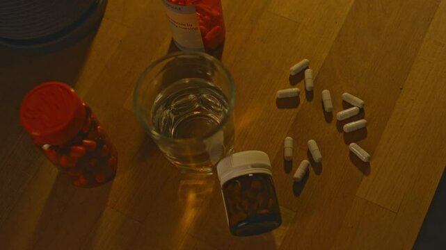 No people layout of several plastic jars with psychoactive and tranquillizing drugs by glass of water, multiple capsules lying on wooden table
