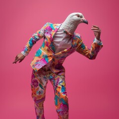 Naklejka premium Freak in pigeon mask dancing, masquerade, absurd carnival, having fun in costume party, weird mask head