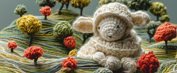 Fototapeta premium Landscape with lamb or sheep made of crochet or knitted. Handmade of wool materials, fabric, yarn, sewing for background