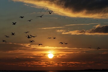 A poem inspired by the graceful flight patterns of a flock of geese at sunset ai_generated