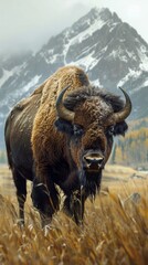 A serene bison grazing in a mountain meadow, surrounded by picturesque scenery.






