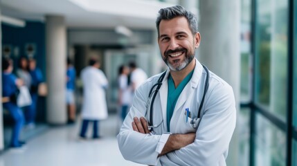A confident male doctor with crossed arms smiling in a busy hospital representing medical expertise wellness and professional pride