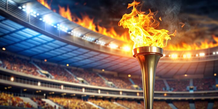 A golden torch with a blazing flame stands in front of a crowded stadium. - torch, flame, stadium, olympic, golden, sports, competition, victory, ceremony, fire