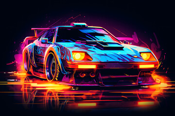 neon light car illustration anime style, neopn light car, cool car illustration