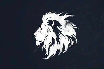 A realistic silhouette logo of a lion's face in white against a dark charcoal background, capturing the intricate details of its mane and facial features
