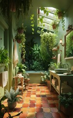 Obraz premium Sunlight streaming through skylight in urban jungle bathroom