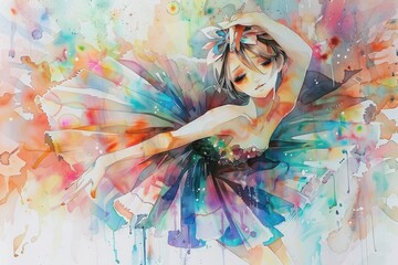 Fototapeta premium Animated elegance in watercolor: A ballerina, infused with anime style, expresses grace and beauty in a vibrant tutu against a backdrop of soft pastel shades