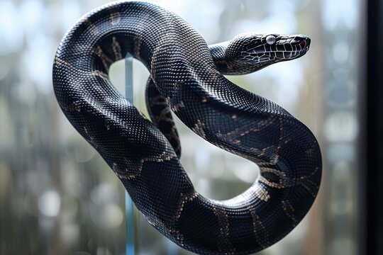 A realistic silhouette logo of a python, coiled up in black against a glass background, highlighting its muscular form