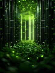 Modern interior design with green plants and glass walls.