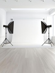 Empty photography studio with white backdrop and two lights.
