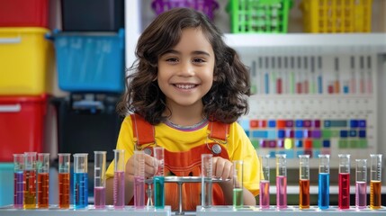 Child in a science lab with test tubes and a periodic table in the background, child scientist, educational environment