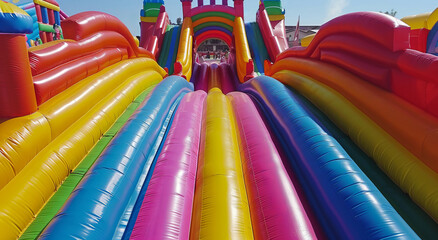 Inflatable rainbow slide with long tube and inflatable castle in background, top view. In between the two is an archway that has no end or entrance.