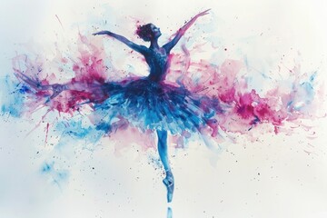 The artistry of watercolors transforms a ballerina into a vision of ethereal beauty as she extends 