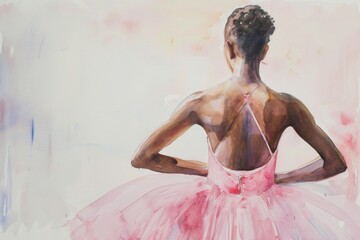 Fototapeta premium The elegance of a ballerina is captured in watercolor, with the dancer standing in a pink dress and her back to the viewer against a serene light background