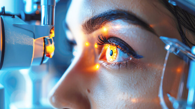 Laser vision correction surgery. Medical eye examination, close-up of an ophthalmoscope being used by an optometrist essential for eye examinations.