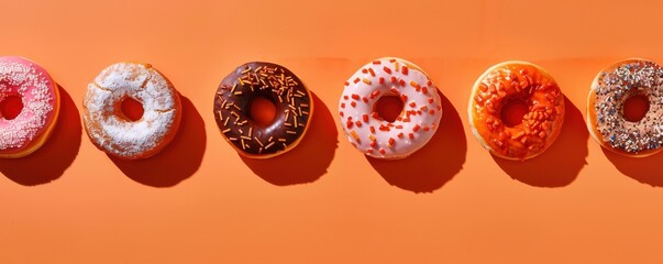 Four donuts of different flavors are arranged in a row on a table. The table is orange in color. Free copy space for text.