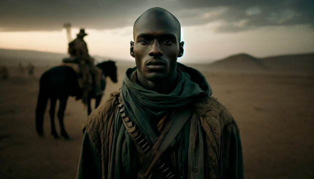 Against a dramatic desert sky, a close-up of a dark-skinned man in travelling clothes stares into the camera.