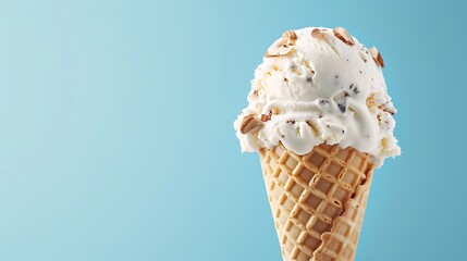 Almond ice cream cone on a sky blue background very detailed and realistic shape