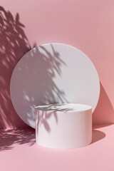 Modern abstract composition with round geometric shapes on the pink background. Copy space