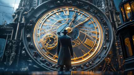 Obraz premium Astronomical clock city with man in coat