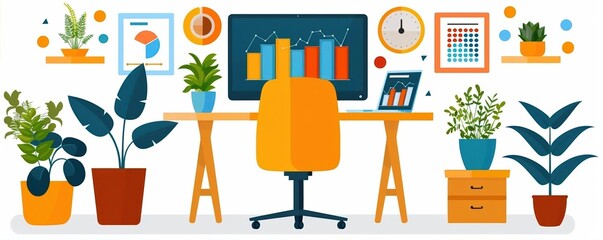 A home office setup with a bright chair, desk plants, and colorful charts on the wall fosters a productive vibe