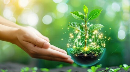 Hands nurturing a magical green plant globe with glowing lights, symbolizing environmental care and sustainability