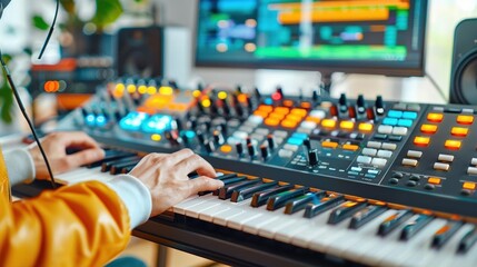 Musician playing synthesizer in a modern, bright home studio with colorful equipment and ambient lighting